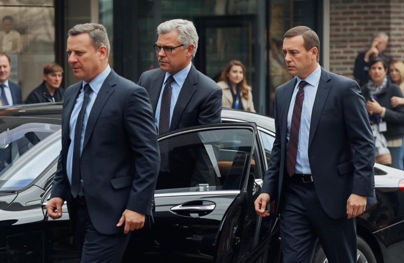 Zwei Personenschützer begleiten den VIP im Berliner Raum.
